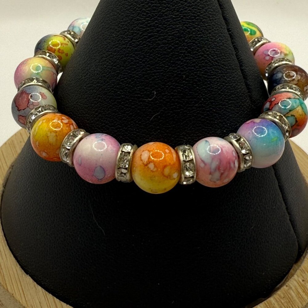 Colorful Resin Beaded Stretch Bracelet With Rhinestone Accents